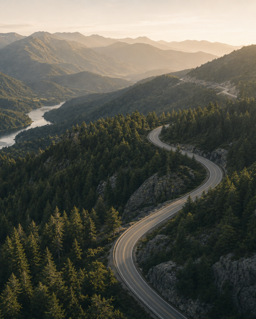 A winding mountain road through forested valleys at sunrise
