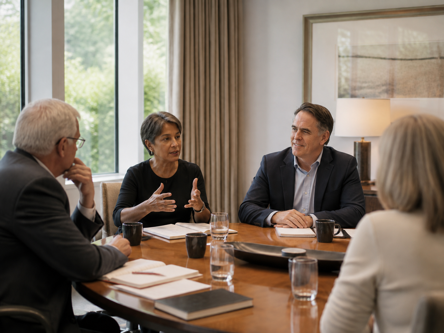 Business owners and advisors in discussion around a boardroom table