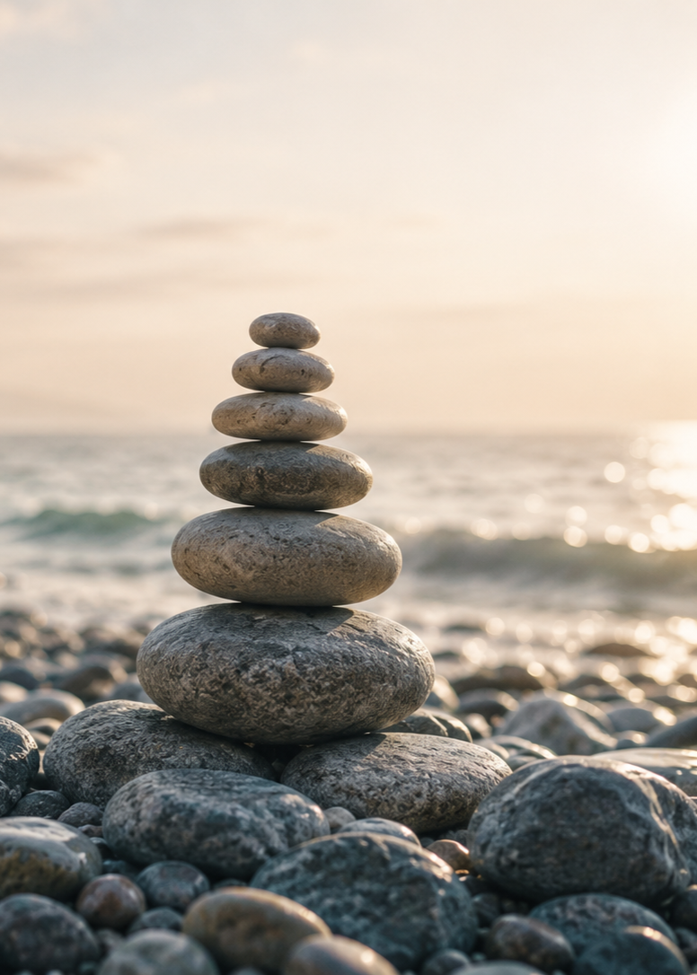 Balanced stack of smooth stones on a pebble beach at sunrise