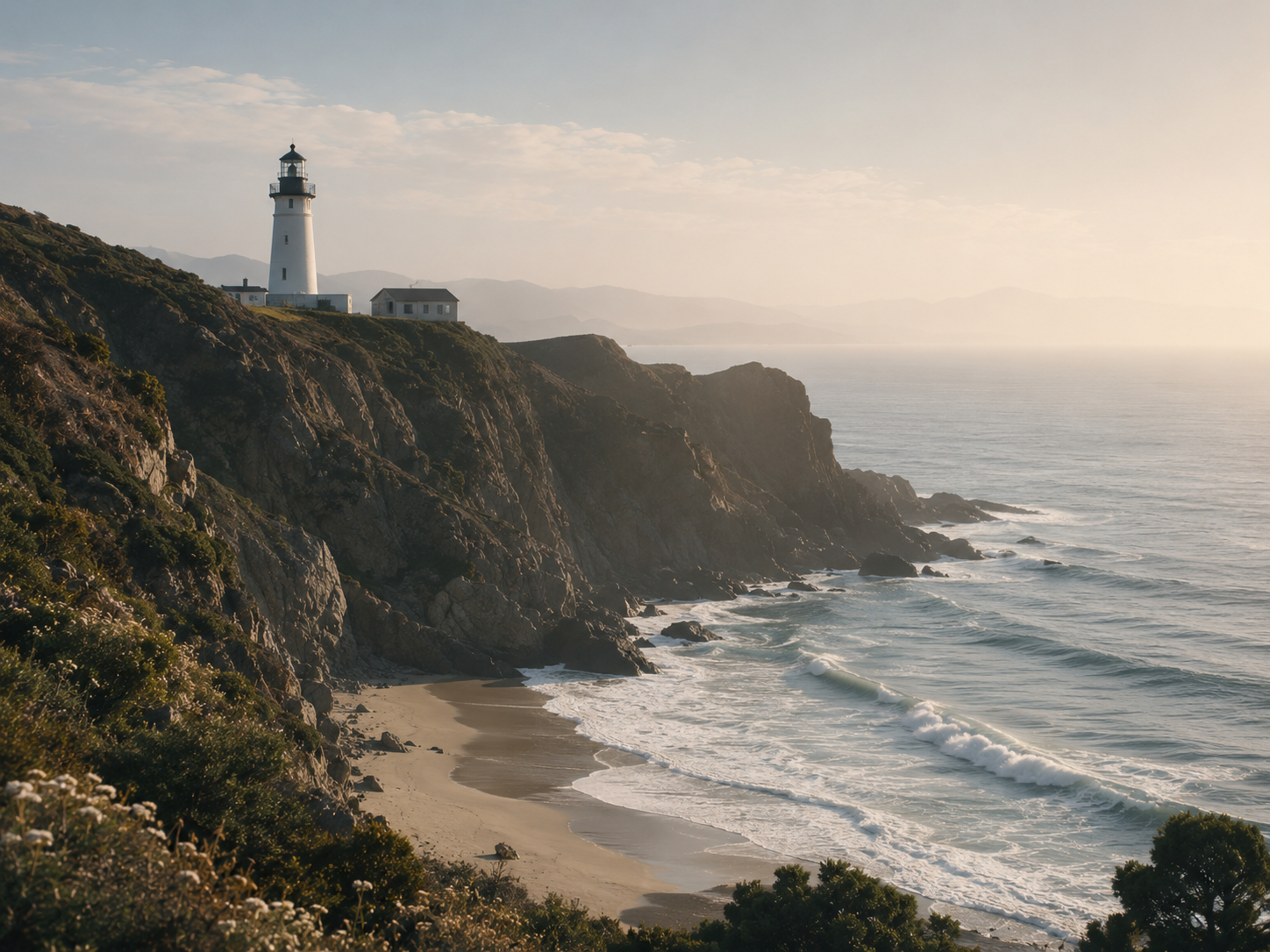 A lighthouse standing on a coastal headland above the ocean